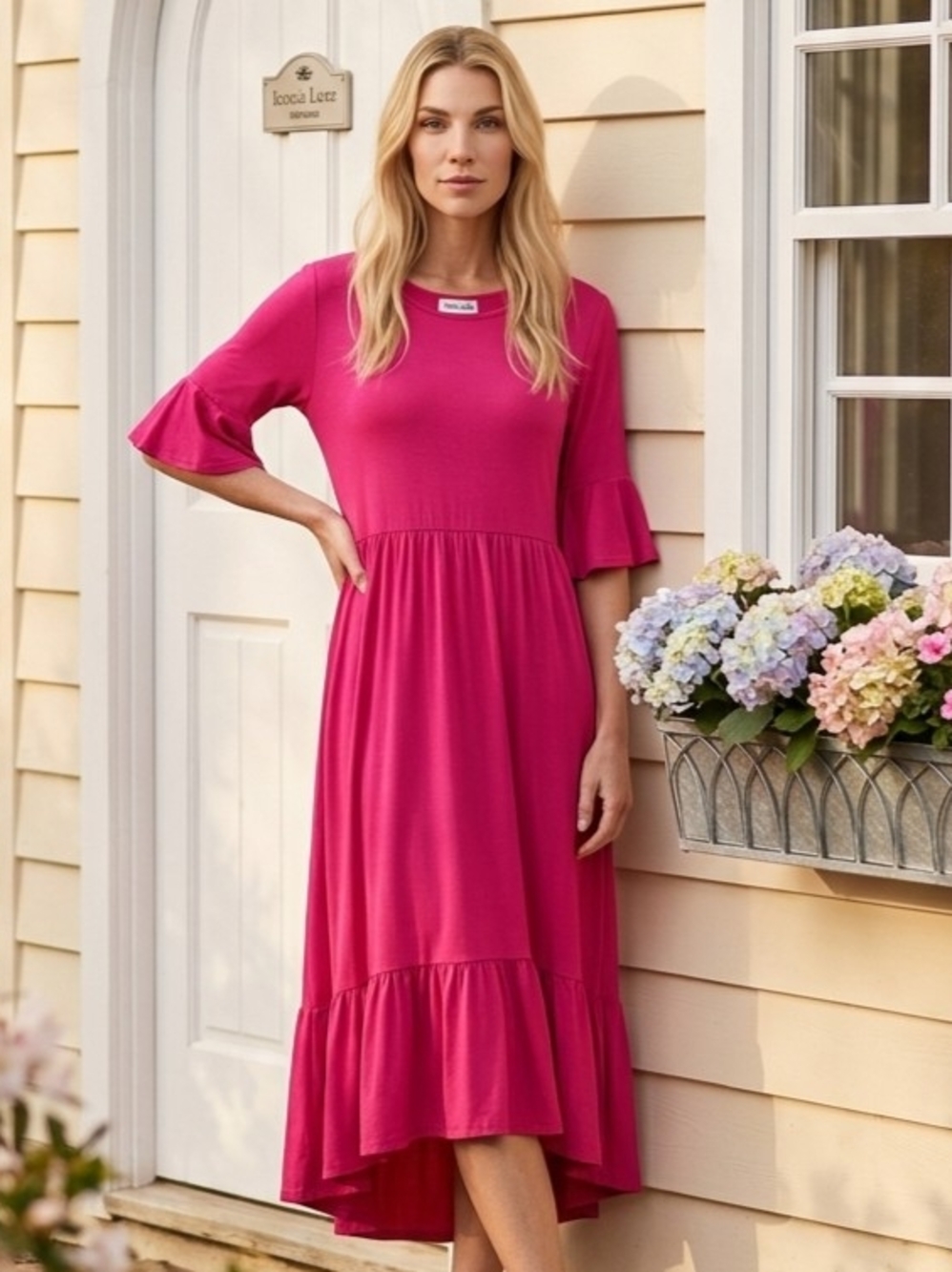 Iconic Luxe Hot Pink Hi/Low Hem Dress, Scoop Neck, Shortsleeve L